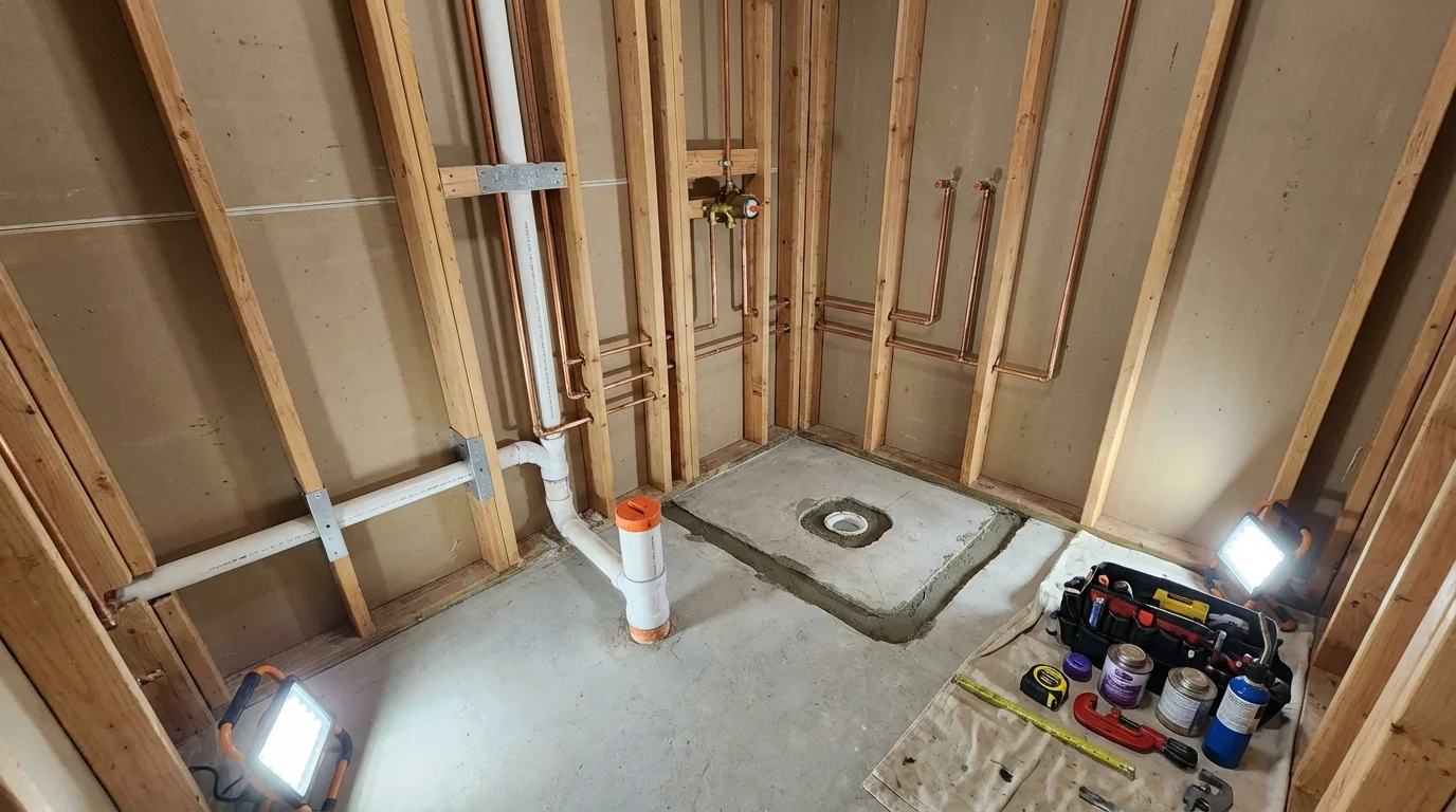 Bathroom rough-in plumbing during remodel by Johns Plumbing LLC in Nebraska City
