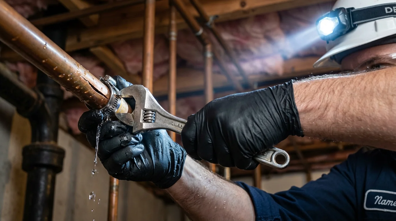 Emergency pipe clamp repair being performed by a Johns Plumbing LLC plumber in Nebraska City