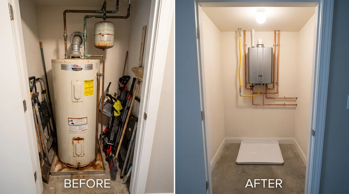 Tank water heater versus wall-mounted tankless unit comparison for Nebraska City, NE homeowners
