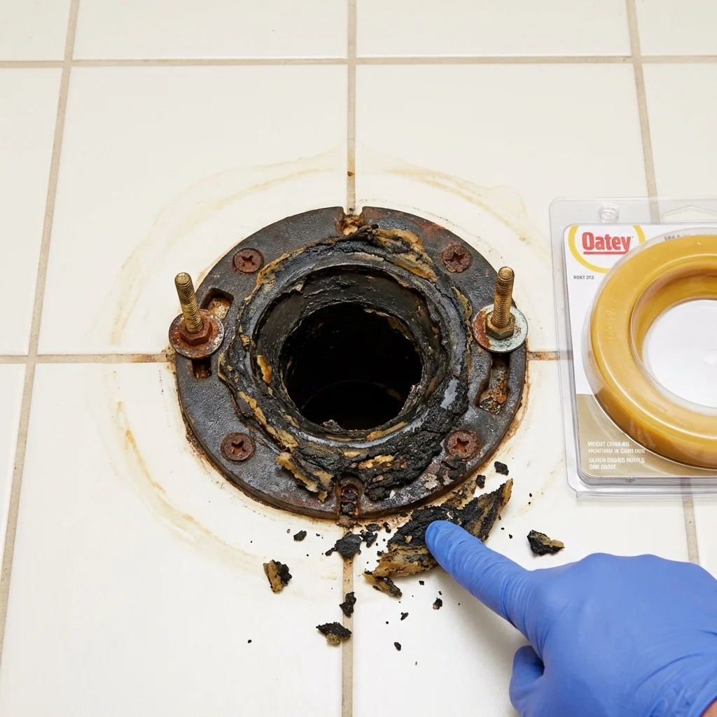 Failed wax ring showing water seepage at the base of a toilet in a Nebraska City, NE home