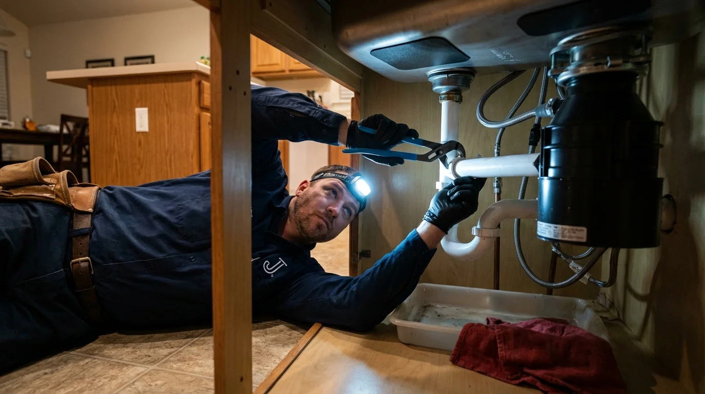 P-trap and supply line connections under a kitchen sink showing a common leak point in Nebraska City, NE